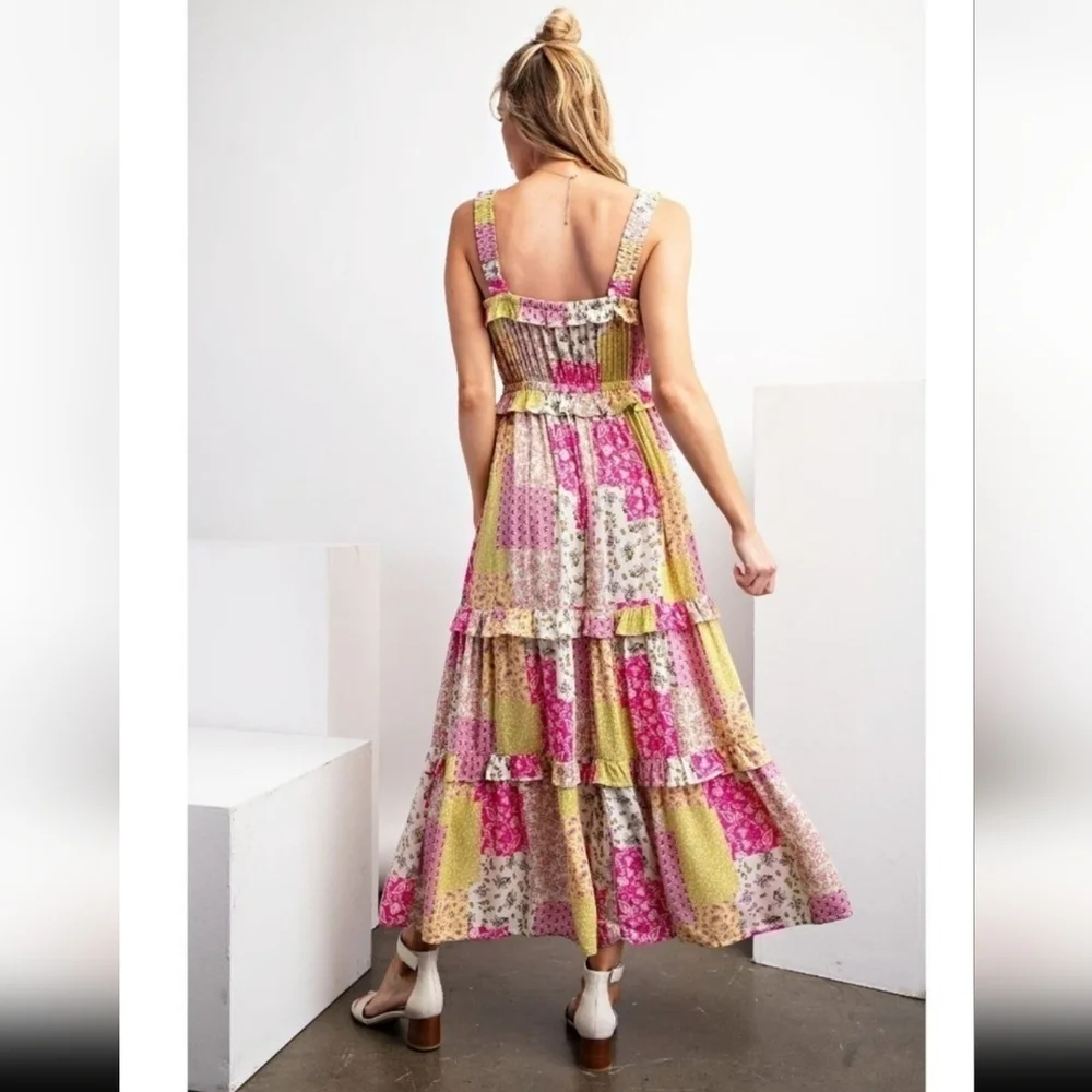 Easel Pink and Lime Ruffled Floral Asymmetrical Tiered Sundress - Picture 4 of 6